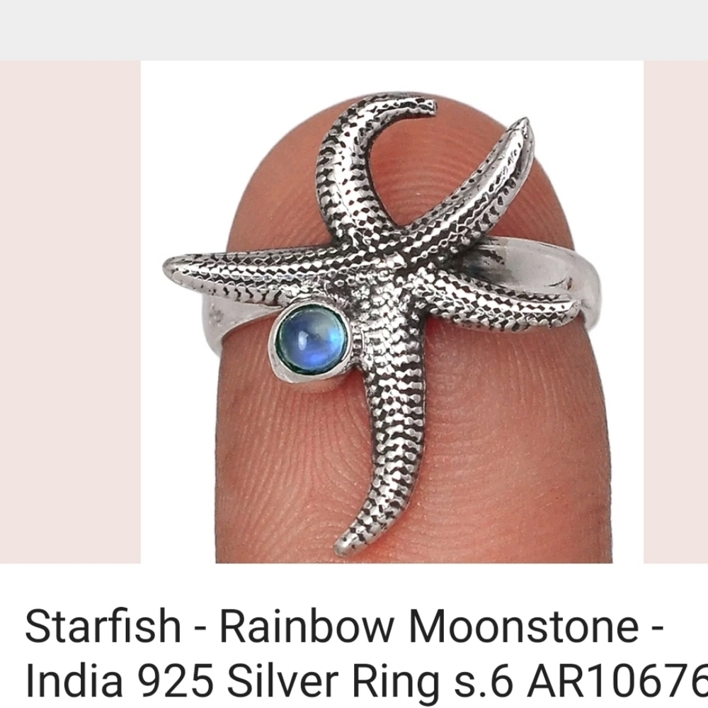 NWT 925 GENUINE BLUE MOONSTONE STARFISH Sterling Silver RING 6 - Picture 2 of 5
